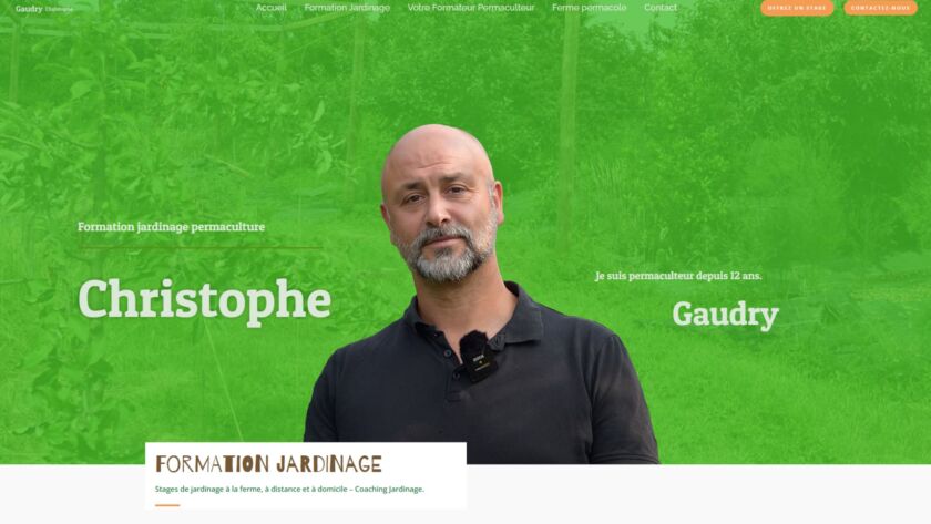 Page d'accueil du site web formatio-jardinage.fr avec Christophe Gaudry mis en avant