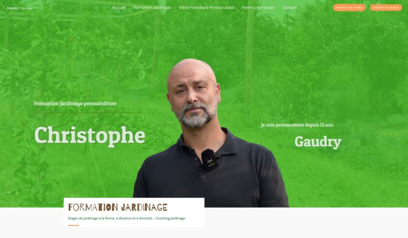 Page d'accueil du site web formatio-jardinage.fr avec Christophe Gaudry mis en avant