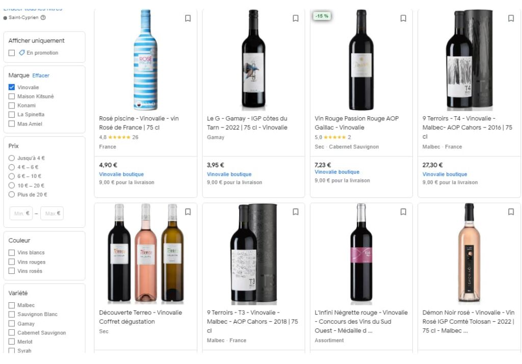 Affichage catalogue Google merchant center bouteilles de vin vinovalie