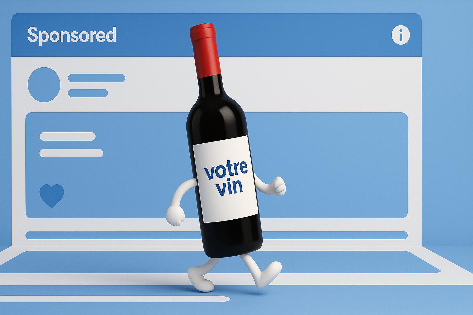 illustration 3d moderne et stylisee d une bouteille de vin rouge marchant sur une interface de reseau social representant une publicite web vin dynamique ciblee de vin en bourgogne france