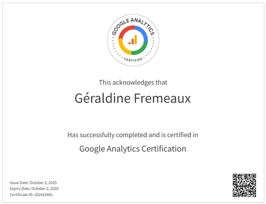 Diplôme de la certification Google analytics 4 illustrant les compétences du Formateur certifié Google Analytics 4