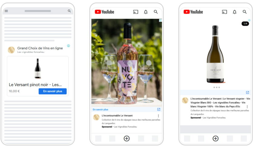 Image de différentes publicités google de plusieurs catalogues de vin de coopératives viticole afin d'illustrer le service de publicité google ads pour ces coopératives.