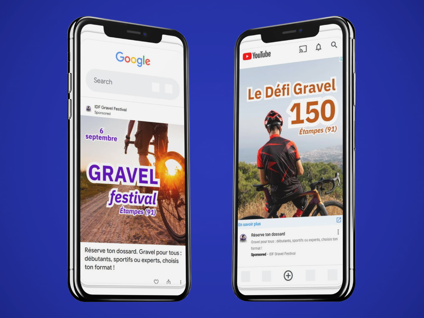 Deux smartphone avec une image de publicité d'une course gravel