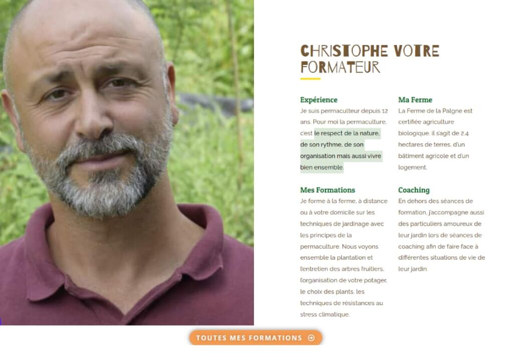 écran du site web formation jardinage, présentation de Christophe Gaudry